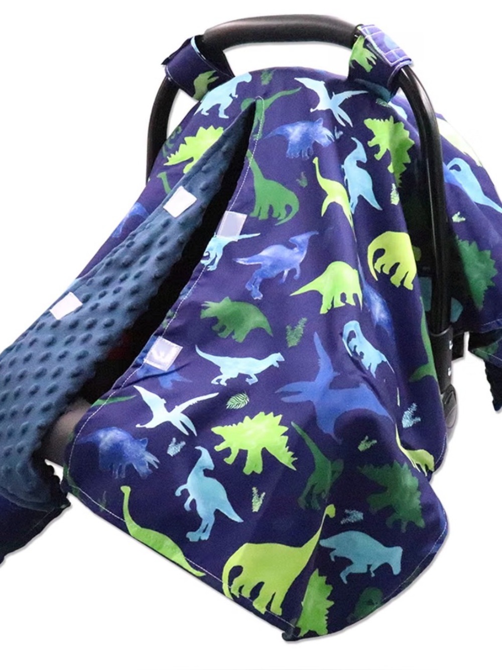 Blue and green dinosaur car seat canopy